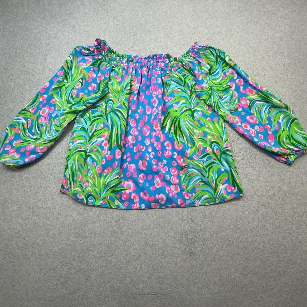Lilly Pulitzer Blakely Off Shoulder Top Womens Medium Blue Tropical Vacation
